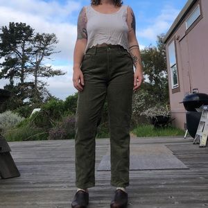 Green Corduroy pants and White Scalloped Tank Top